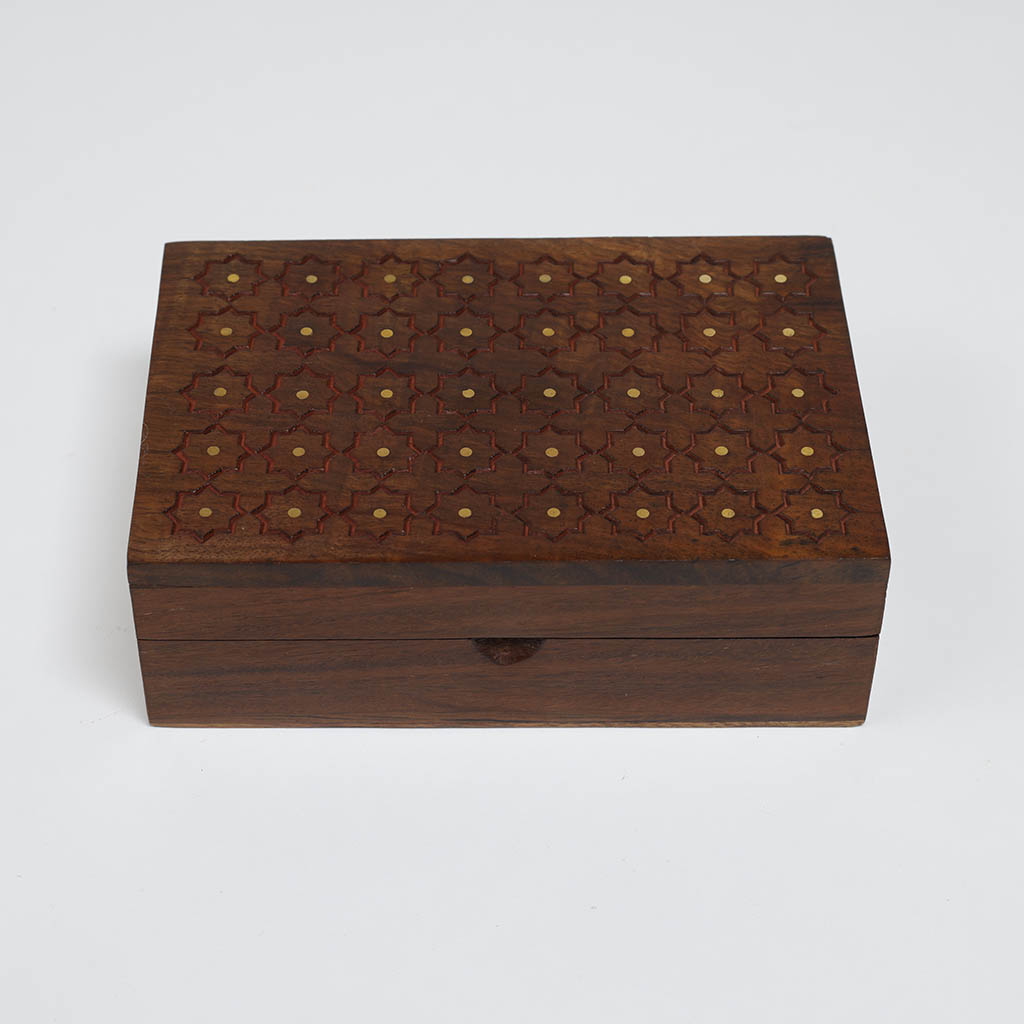 Carved Wooden Box with Inlay Work on Top