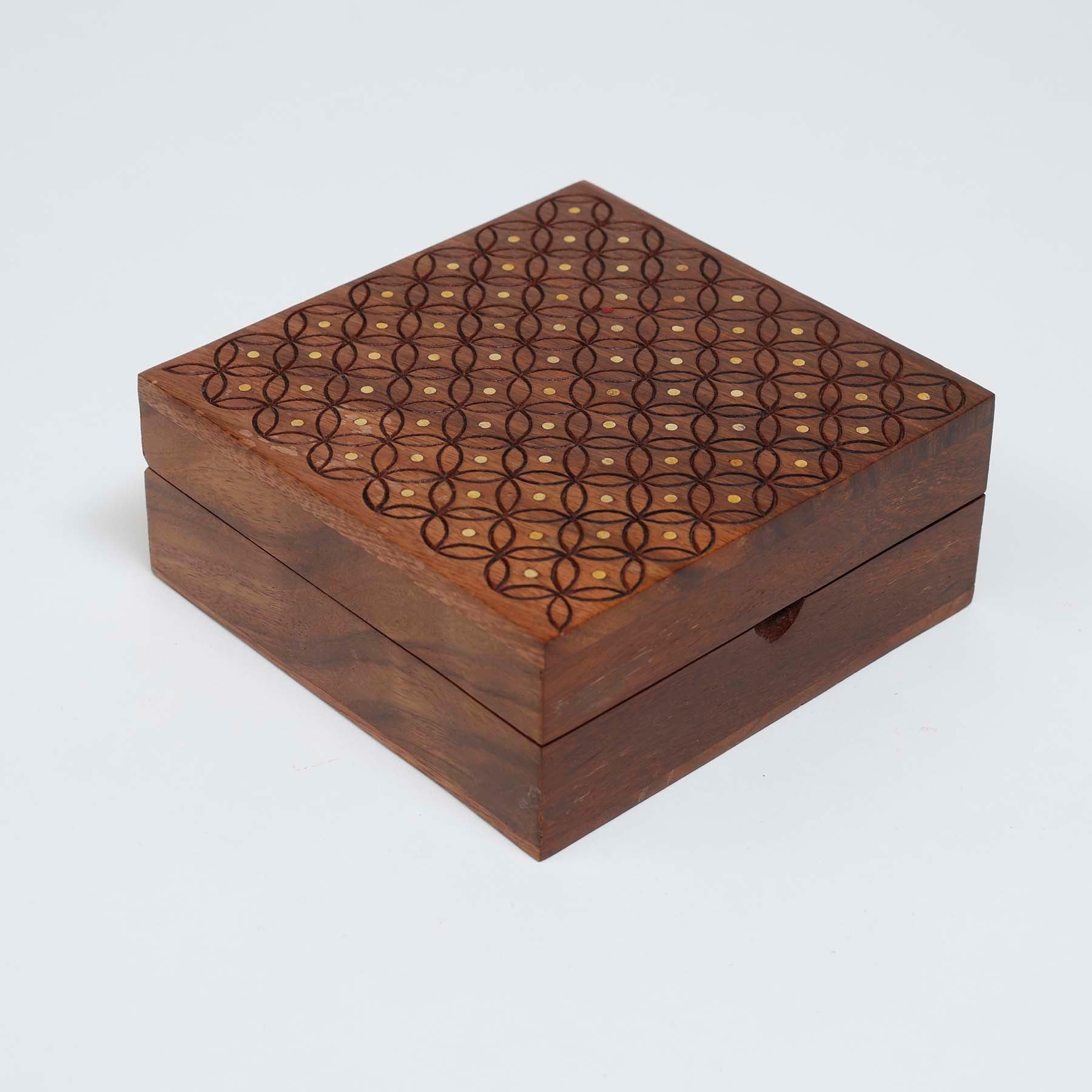 Carved Wooden Box with Inlay Work on Top
