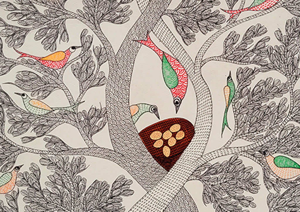 Gond folk art _"Tree & Birds" by Shambhavsingh Shyam