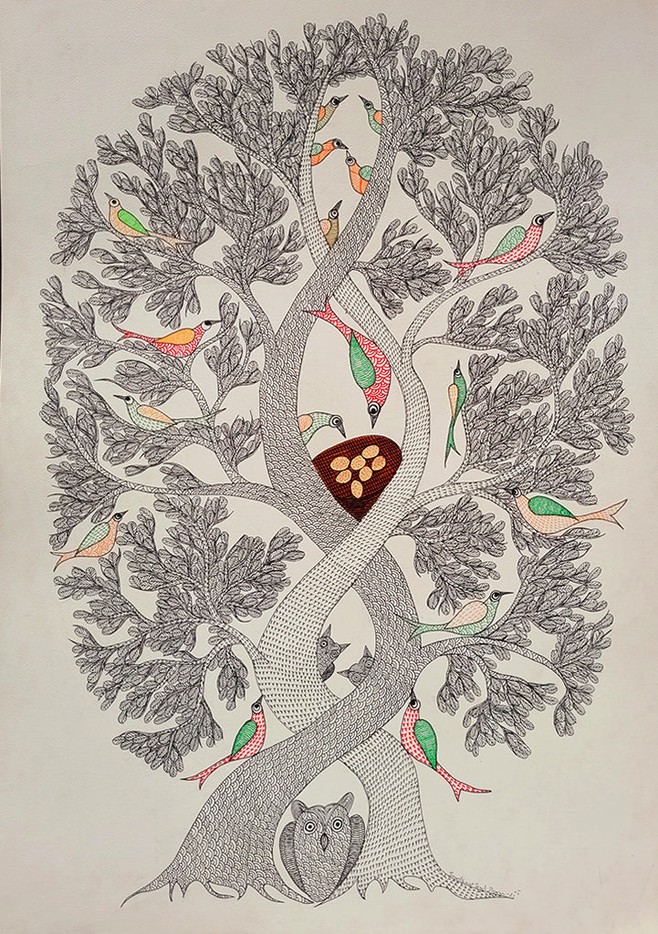Gond folk art _"Tree & Birds" by Shambhavsingh Shyam