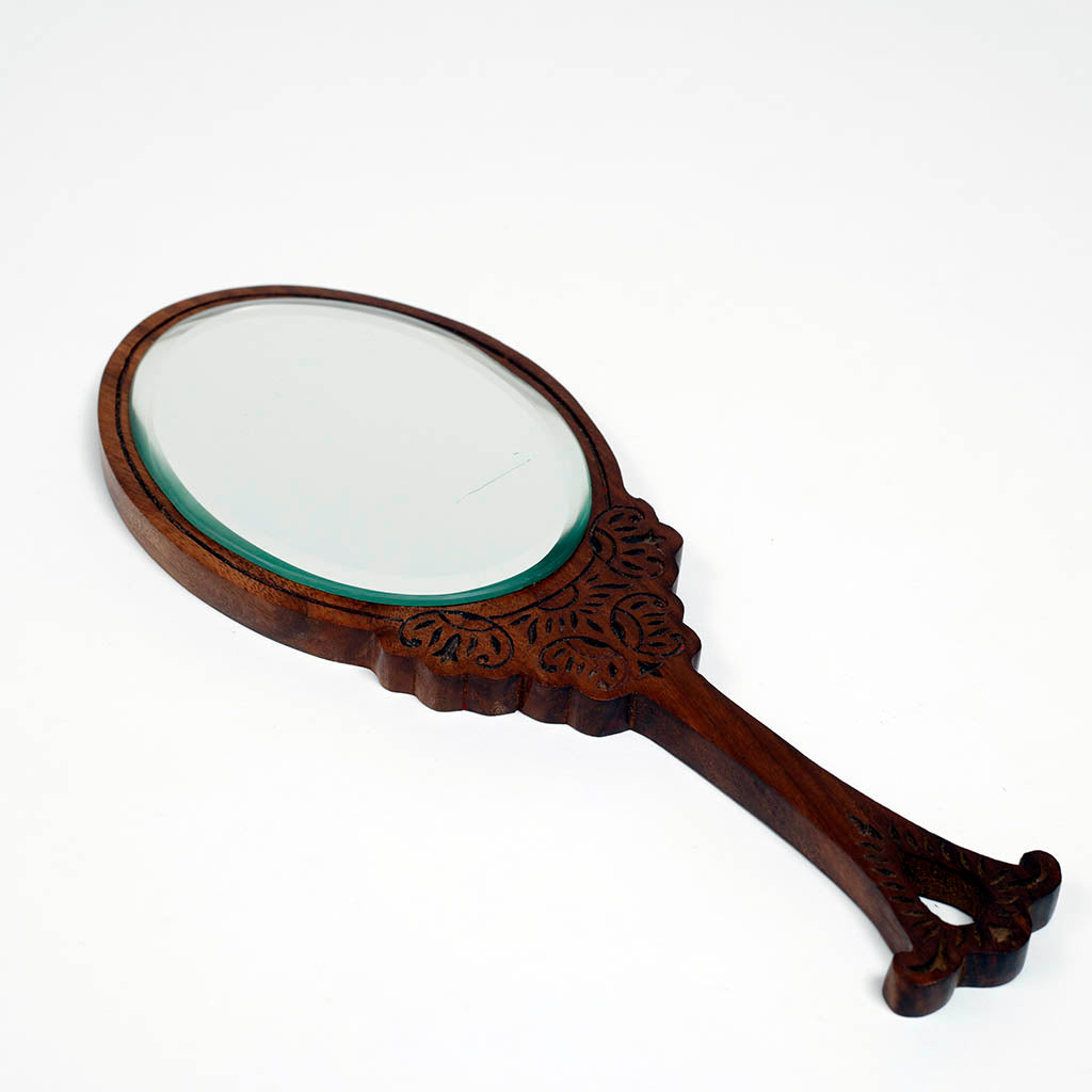 Wood Carved Hand Mirror Oval shape