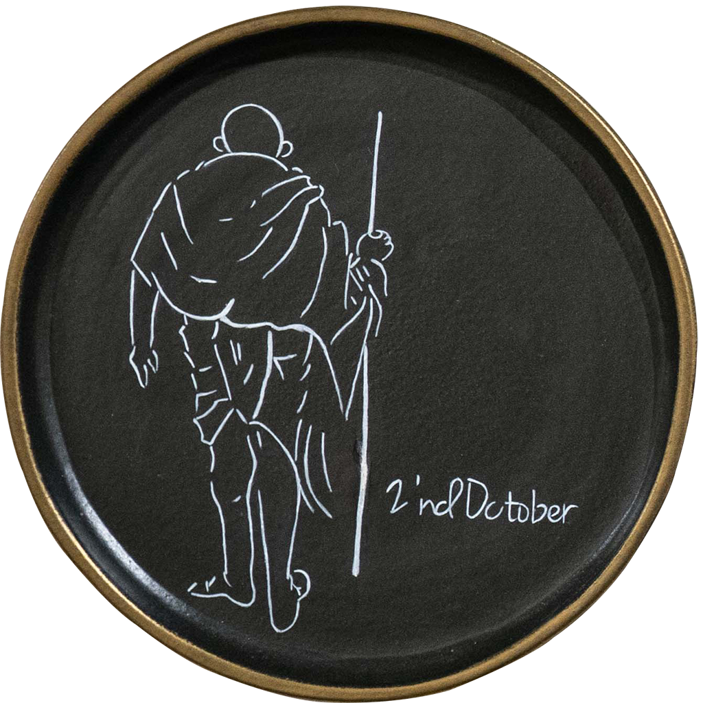 Mahatma Gandhi Drawing on a Ceramic Plate