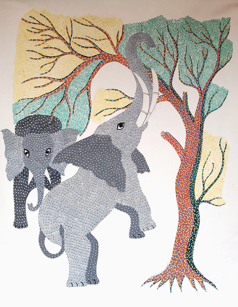 Gond folk art _"Elephant & Tree" by Shambhavsingh Shyam