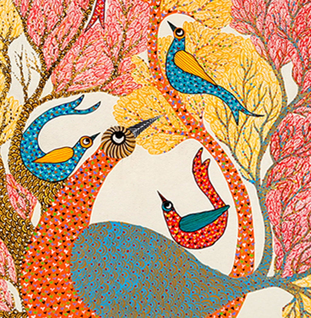 Gond folk art _"Peocock & Birds" by Shambhavsingh Shyam