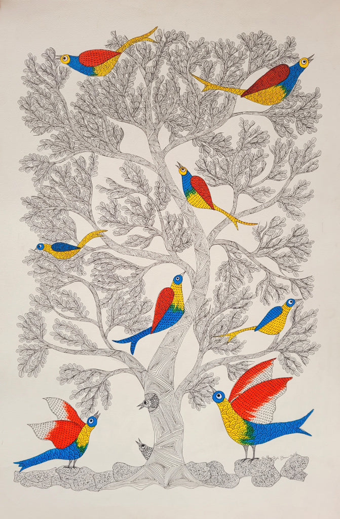 Gond folk art _"Tree of Life & Birds" by Shambhavsingh Shyam
