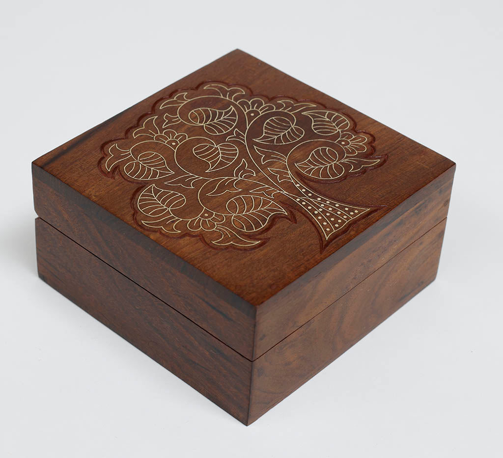 Wooden Box with Brass Inlay work depicting a Tree of Life