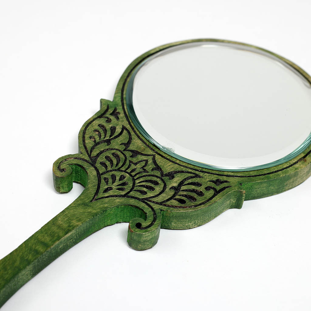 Wood Carved Hand Mirror Round shape