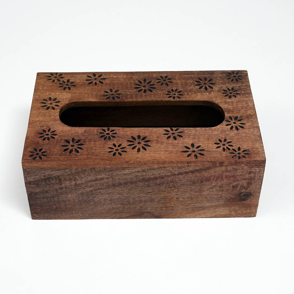 Wood Carved Tissue Box with Inlay Work