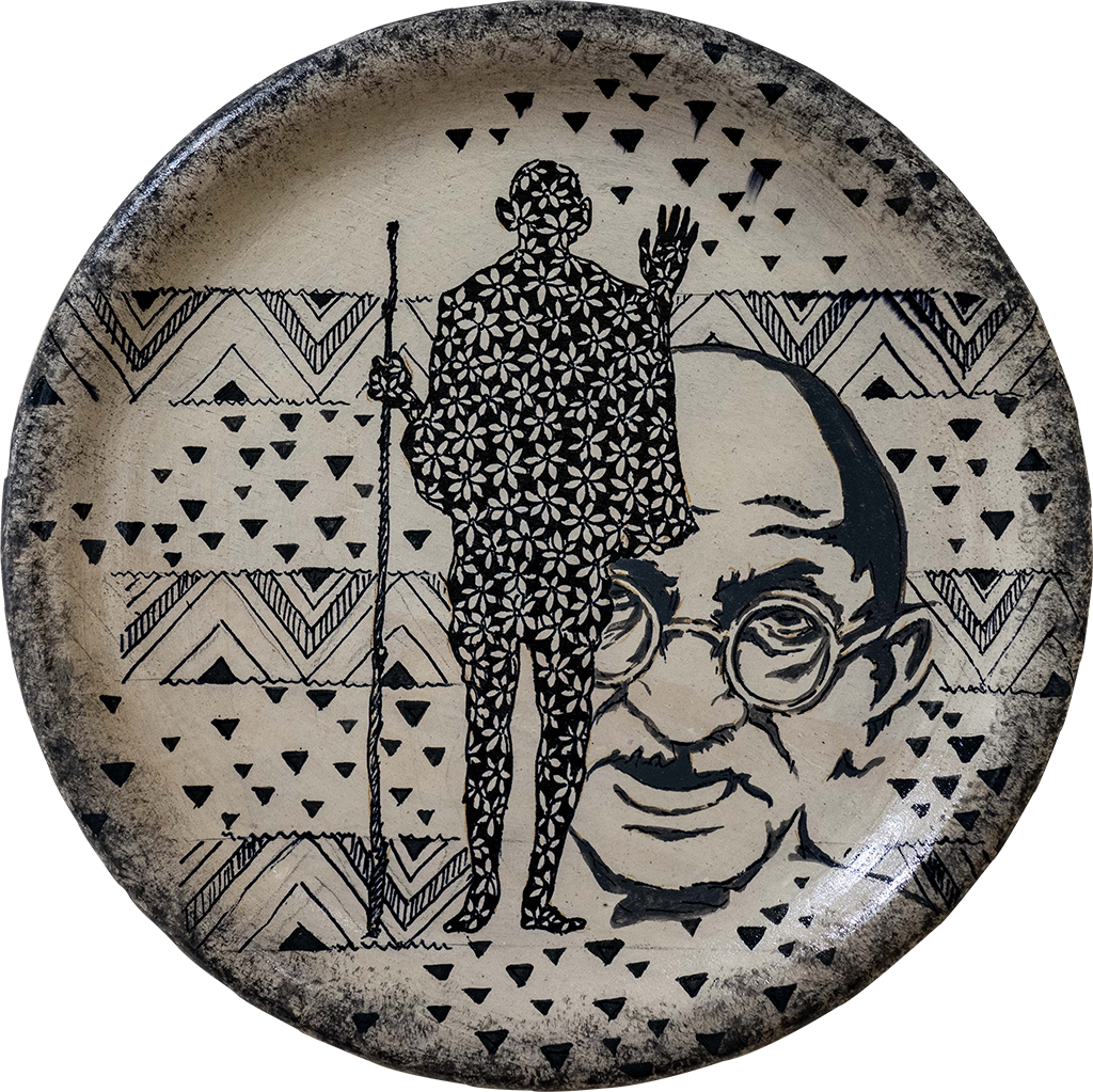 Mahatma Gandhi's Portrait - Miniature Painting on Wooden Plate. Black and White